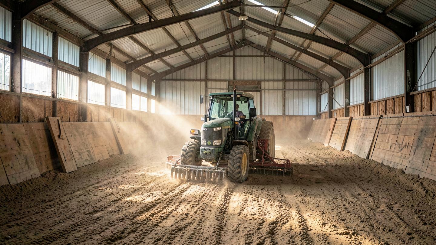 Tractor grooming footing inside a clear-span indoor riding arena