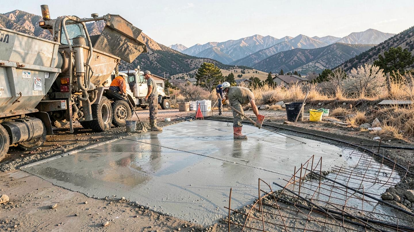 Concrete crew finishing a freshly poured residential driveway in Colorado