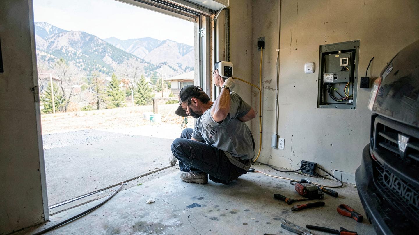 Electrician installing an EV charger in a Colorado garage next to an open electrical panel
