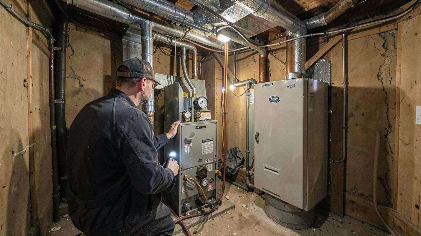 HVAC technician checking a gas furnace in a Colorado basement utility room
