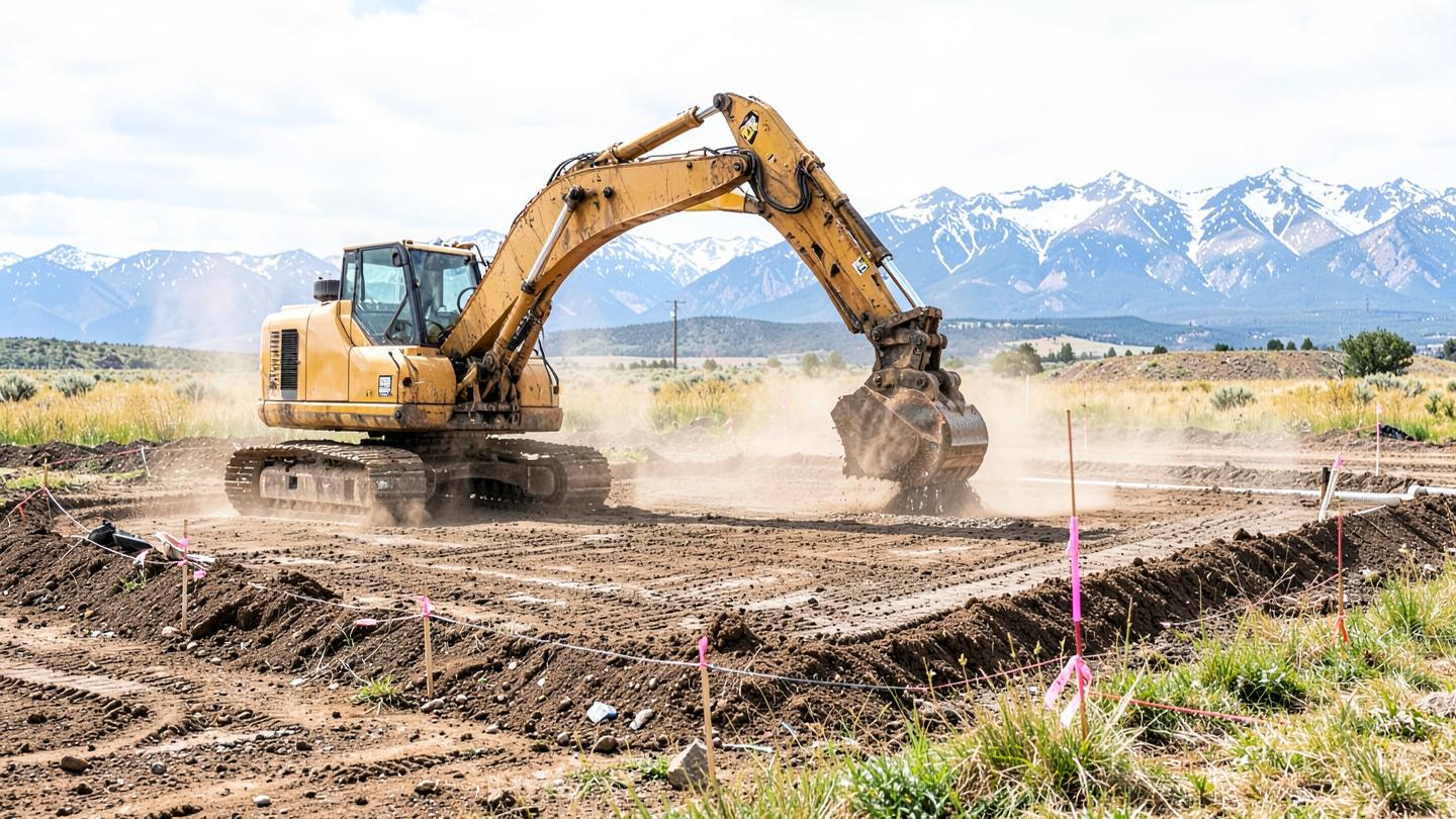 Excavator cutting a building pad on raw Colorado acreage